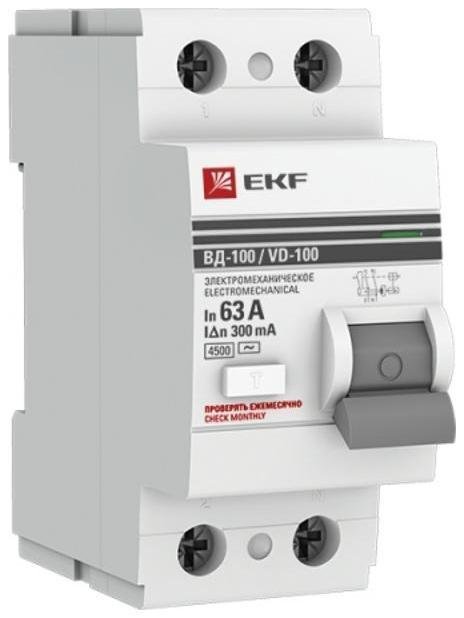 EKF elcb-2-63-300-em-pro Выключатель дифференциального тока (УЗО) 2п 63А 300мА тип AC ВД-100 (электромех.) PROxima