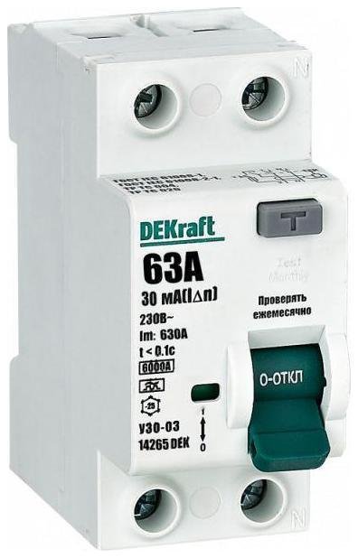 DEKraft 14265DEK Выключатель дифференциального тока (УЗО) 2п 63А 30мА тип A 6кА УЗО-03