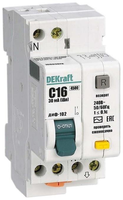 DEKraft 16003DEK Выключатель автоматический дифференциального тока 2п (1P+N) C 16А 30мА тип AC 4.5кА ДИФ-102 2мод