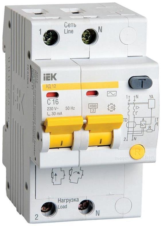 IEK MAD10-2-016-C-030 Выключатель автоматический дифференциального тока 2п C 16А 30мА тип AC 4.5кА АД-12 KARAT