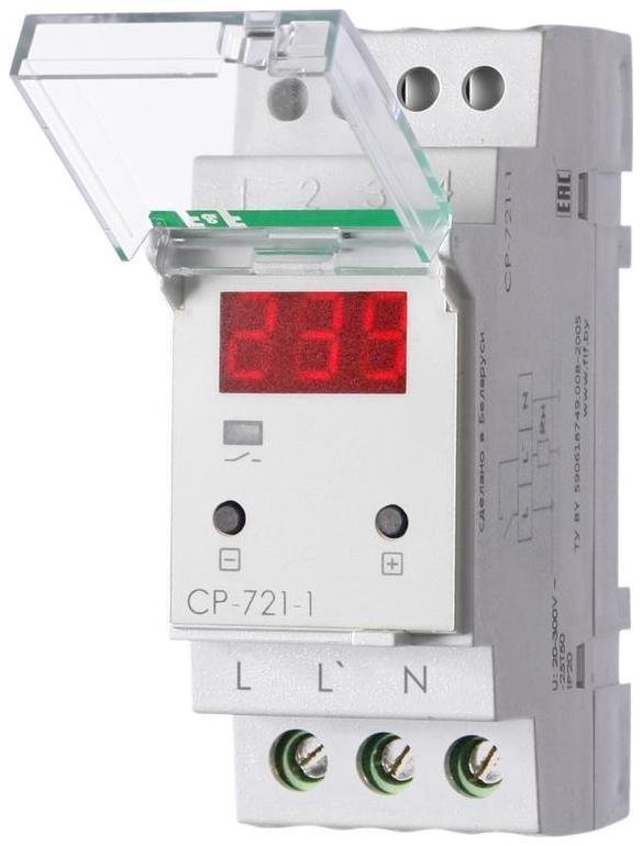 Евроавтоматика F&F EA04.009.013 Реле напряжения CP-721-1 (CP-721-63A) (однофазное; цифровая индикация; напряжение питания 50-450В контакт 1NO 63А встроен. таймер регистрация аварий в памяти индикация текущего напряж.) (аналог УЗМ) F&F