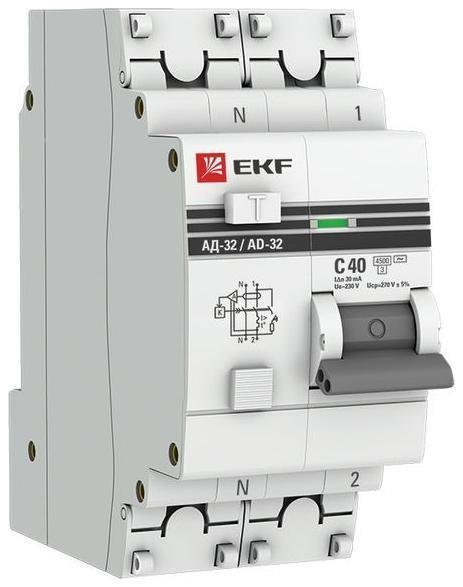 EKF DA32-40-30-pro Выключатель автоматический дифференциального тока 2п (1P+N) C 40А 30мА тип AC 4.5кА АД-32 2мод. защита 270В электрон. PROxima