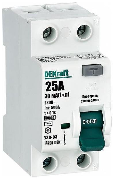 DEKraft 14207DEK Выключатель дифференциального тока (УЗО) 2п 25А 30мА тип AC 6кА УЗО-03