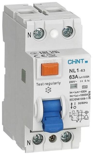 CHINT 200214 Выключатель дифференциального тока (УЗО) 2п 63А 30мА тип AC 6кА NL1-63 (R)
