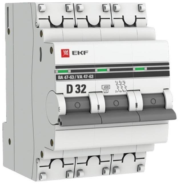EKF mcb4763-3-32D-pro Выключатель автоматический модульный 3п D 32А 4.5кА ВА 47-63 PROxima
