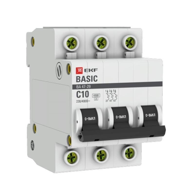 EKF mcb4729-3-10C Выключатель автоматический модульный 3п C 10А 4.5кА ВА 47-29 Basic