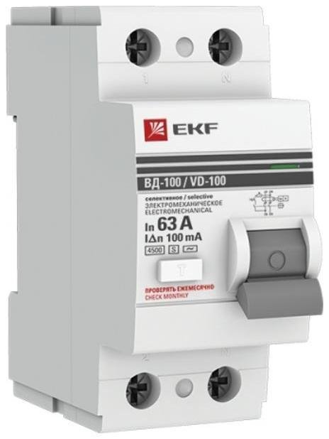 EKF elcb-2-63-100S-em-pro Выключатель дифференциального тока (УЗО) 2п 63А 100мА тип AC ВД-100 (электромех.) PROxima