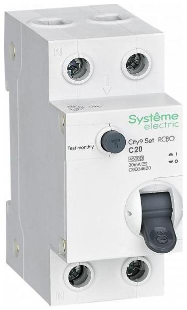 Systeme Electric C9D34620 Выключатель автоматический дифференциального тока 2п (1P+N) C 20А 30мА тип AC 4.5кА City9 Set 230В SE