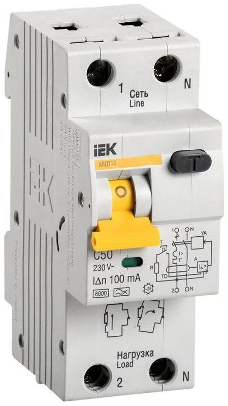 IEK MAD22-5-050-C-100 Выключатель автоматический дифференциального тока 2п (1P+N) C 50А 100мА тип A 6кА АВДТ-32 KARAT