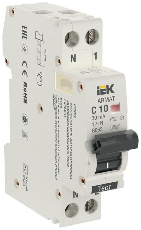 IEK AR-B06S-1N-C10C030 Выключатель автоматический дифференциального тока 2п (1P+N) C 10А 30мА тип AC АВДТ B06S 18мм ARMAT