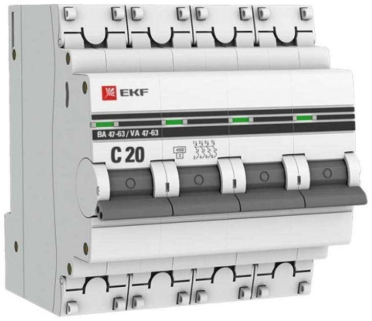 EKF mcb4763-4-20C-pro Выключатель автоматический модульный 4п C 20А 4.5кА ВА 47-63 PROxima