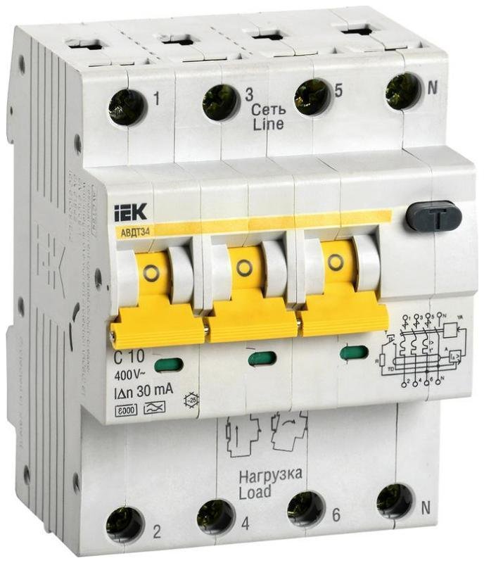 IEK MAD22-6-010-C-30 Выключатель автоматический дифференциального тока 4п (3P+N) C 10А 30мА тип A 6кА АВДТ-34 KARAT