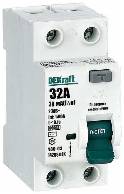 DEKraft 14208DEK Выключатель дифференциального тока (УЗО) 2п 32А 30мА тип AC 6кА УЗО-03