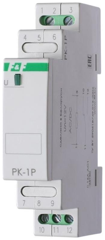 Евроавтоматика F&F EA06.001.001 Реле промежуточное PK-1P/Un (монтаж на DIN-рейке 35мм 12В AC/DC 16А перекл.) F&F