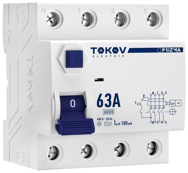 TOKOV electric TKE-PZ60-RCDM-4-63-100-AC Выключатель дифференциального тока (УЗО) 4п (3P+N) 63А 100мА тип AC 6кА PRIZMA