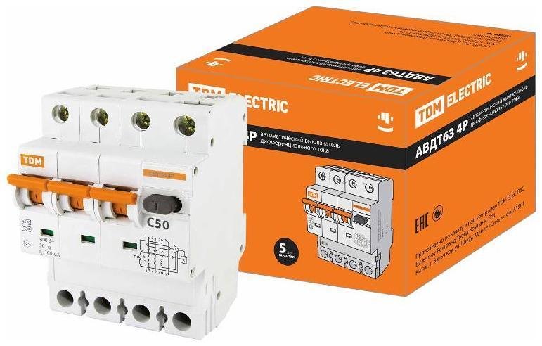 TDM electric SQ0202-0053 Выключатель автоматический дифференциального тока АВДТ 63 3п+N 50А C 100мА тип A