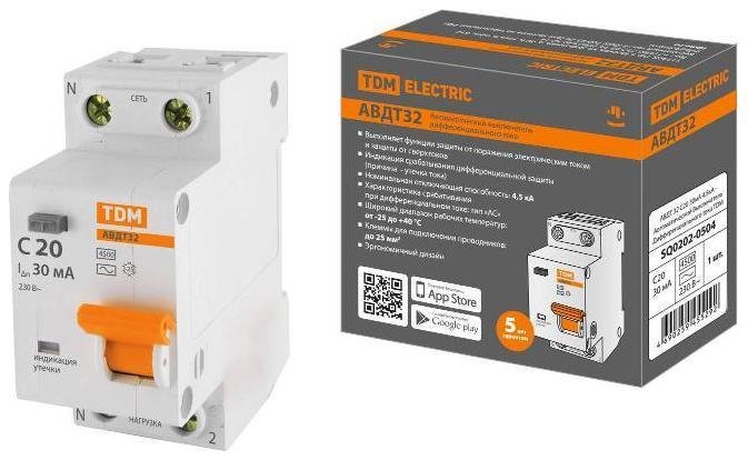 TDM electric SQ0202-0504 Выключатель автоматический дифференциального тока АВДТ 32 1п+N 20А C 30мА тип АС 4,5кА
