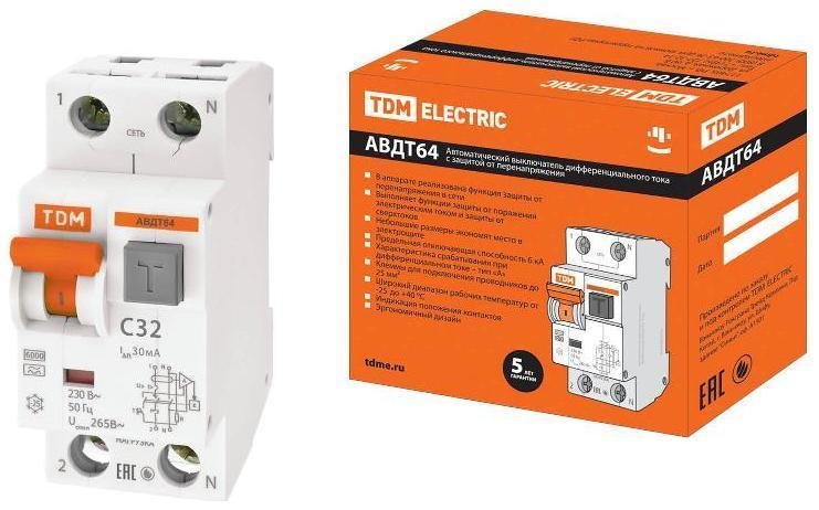 TDM electric SQ0205-0008 Выключатель автоматический дифференциального тока АВДТ 64 1п+N 32А C 30мА тип A