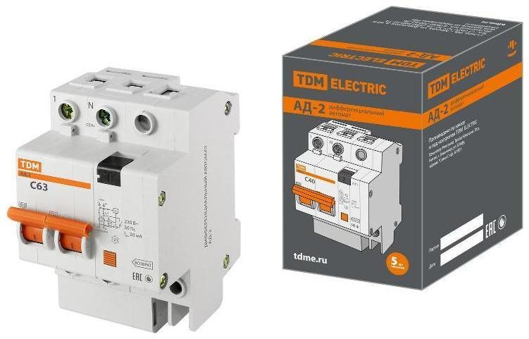TDM electric SQ0221-0005 Выключатель автоматический дифференциального тока АД-2 2п 63А C 30мА тип AC (4 мод)