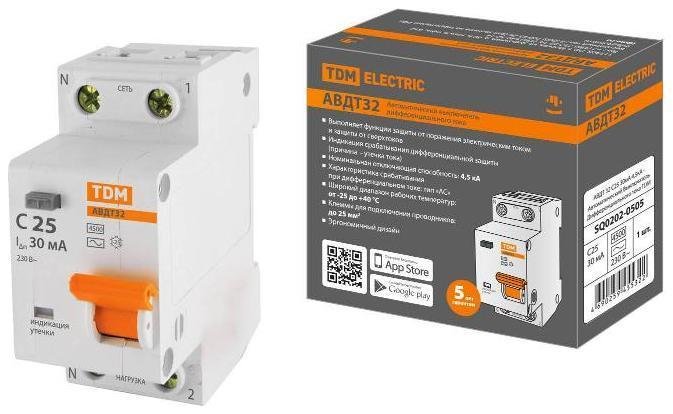 TDM electric SQ0202-0505 Выключатель автоматический дифференциального тока АВДТ 32 1п+N 25А C 30мА тип АС 4,5кА