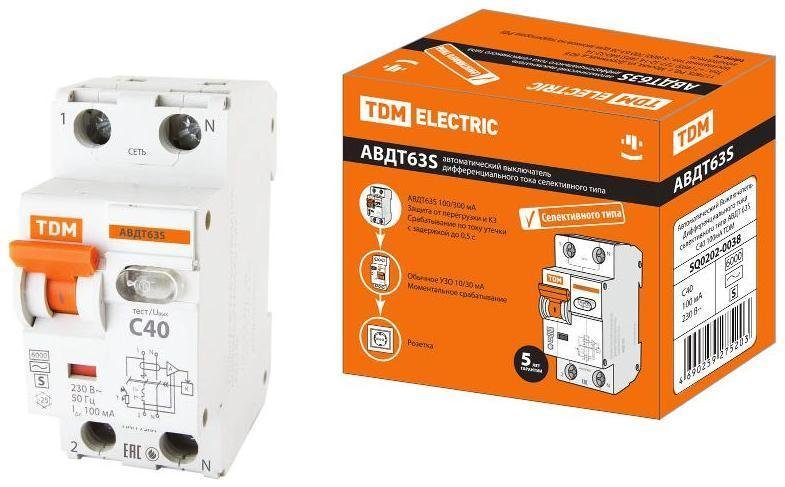 TDM electric SQ0202-0038 Выключатель автоматический дифференциального тока АВДТ 63S 1п+N 40А C 100мА тип AC