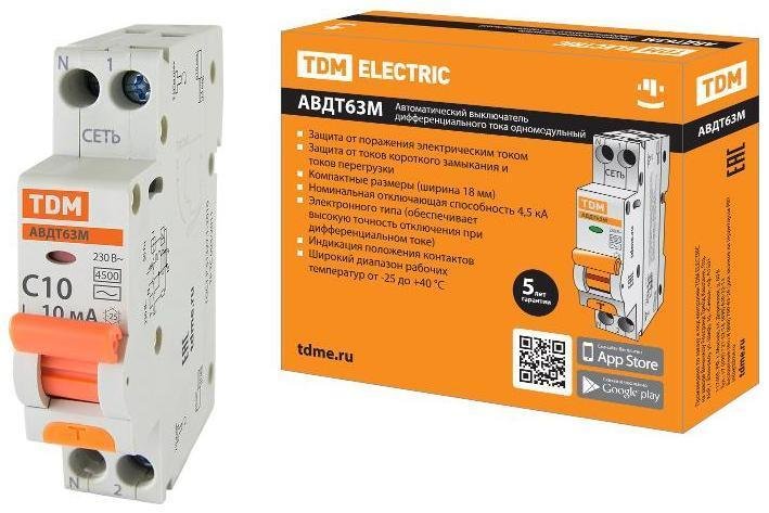 TDM electric SQ0202-0065 Выключатель автоматический дифференциального тока АВДТ 63М 1п+N 10А C 10мА тип АС (1 мод)
