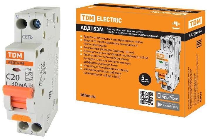 TDM electric SQ0202-0066 Выключатель автоматический дифференциального тока АВТД 63М 1+N 20А C 30мА AC (1 мод)