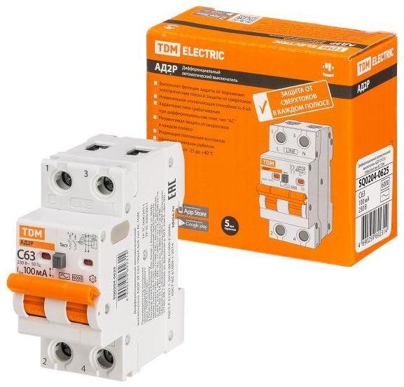 TDM electric SQ0204-0625 Выключатель автоматический диффренциального тока АД2P 2Р С63 100мА 6кА тип АС