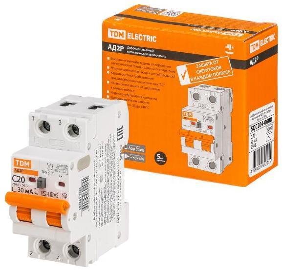 TDM electric SQ0204-0608 Выключатель автоматический диффренциального тока АД2P 2Р С20 30мА 6кА тип АС