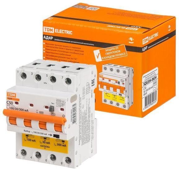 TDM electric SQ0204-0634 Выключатель автоматический диффренциального тока АД4P 4Р С50 30-100-300мА 6кА тип АС