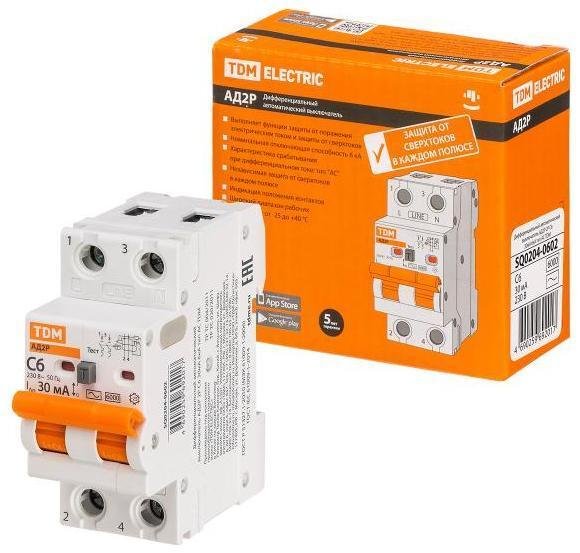 TDM electric SQ0204-0602 Выключатель автоматический диффренциального тока АД2P 2Р С6 30мА 6кА тип АС