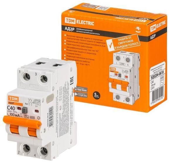 TDM electric SQ0204-0618 Выключатель автоматический диффренциального тока АД2P 2Р С40 100мА 6кА тип АС