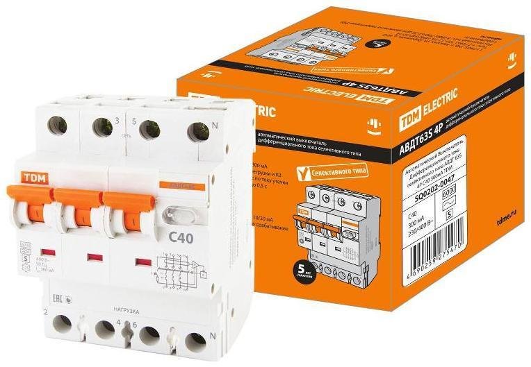 TDM electric SQ0202-0047 Выключатель автоматический дифференциального тока АВДТ 63S 4P C40 300мА