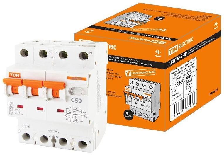 TDM electric SQ0202-0049 Выключатель автоматический дифференциального тока АВДТ 63S 4P C50 300мА