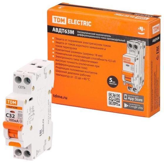 TDM electric SQ0202-0068 Выключатель автоматический дифференциального тока АВДТ 63М 2P(1P+N) C32 100мА 4,5кА тип АС