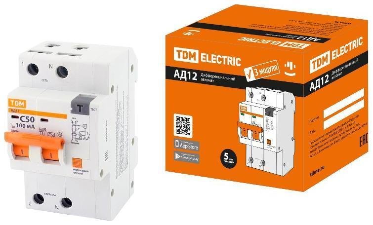 TDM electric SQ0204-0121 Выключатель автоматический дифференциального тока АД12 2P, C50, 100мА, 4,5кА, тип АС, 3 мод