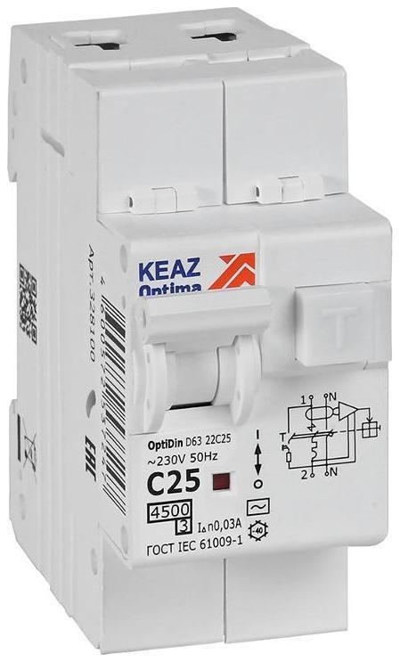 КЭАЗ 328100 Выключатель автоматический дифференциального тока OptiDin D63-22C25-AC-У3 (2P, C25, 30mA, 4,5кА)
