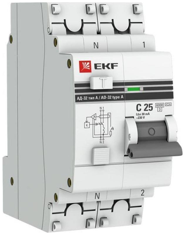 EKF DA32-6-25-30-a-pro Выключатель автоматический дифференциального тока АД-32 1P+N 25А/30мА (хар. C, A, электронный, защита 270В) 6кА PROxima