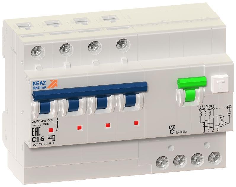 КЭАЗ 228261 Выключатель автоматический дифференциального тока с защитой от сверхтоков OptiDin VD63-42C6-A-УХЛ4 4п 6А C 30мА тип A