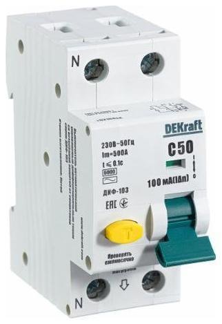DEKraft 16210DEK Автоматический выключатель дифференциального тока АВДТ 1Р+N 50А 100мА тип AC х-ка С ДИФ-103 6кА