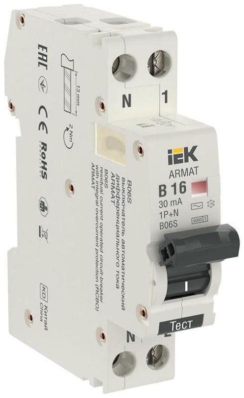 IEK AR-B06S-1N-B16C030 Выключатель автоматический дифференциального тока АВДТ B06S 1P+NP B16 30мА тип AC (18мм) ARMAT IEK
