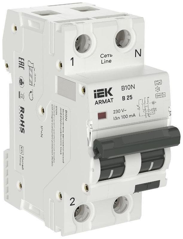 IEK AR-B10N-1N-B025A100 ARMAT Автоматический выключатель дифференциального тока B10N 1P+NP B25 100мА тип A (36мм)