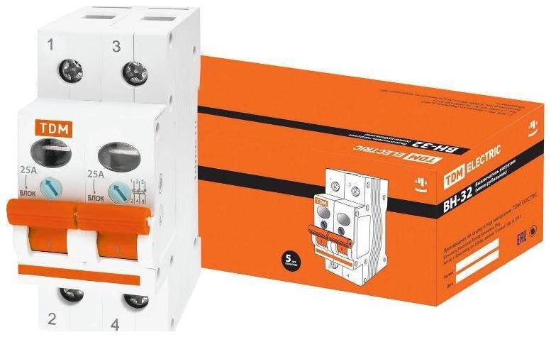 TDM electric SQ0211-0013 Выключатель нагрузки модульный (мини-рубильник) ВН-32 2P 25A [в упаковке 6, цена за 1 шт]