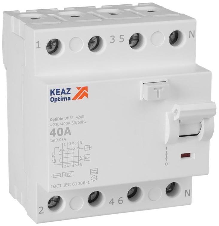 КЭАЗ 343916 Выключатель дифференциального токаOptiDin DM63-4240-A-4,5-УХЛ4 (4P, 40, 30mA)