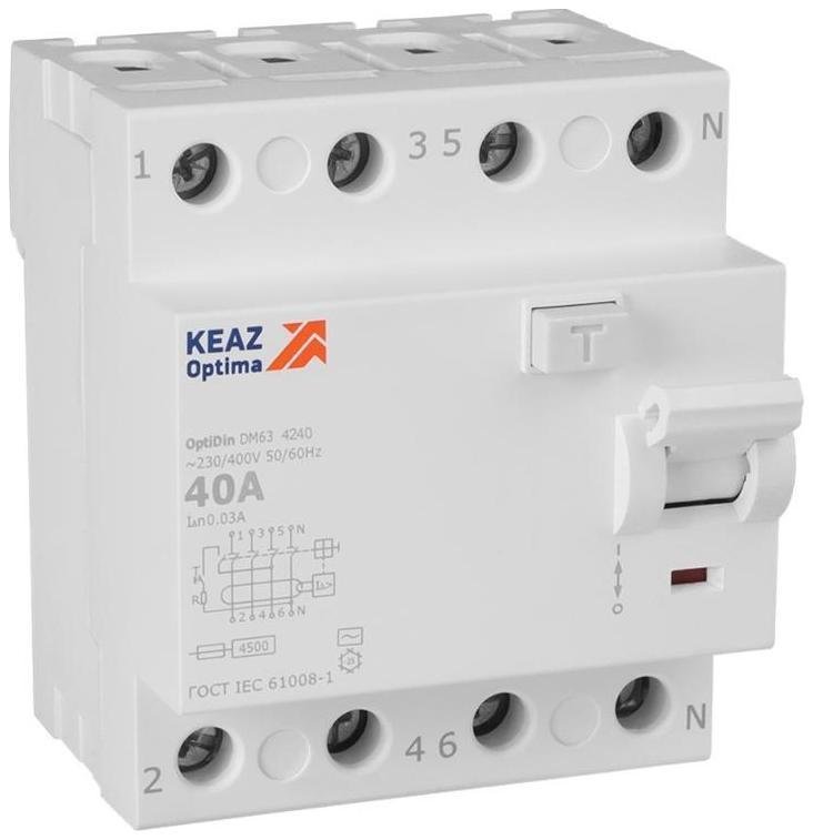 КЭАЗ 343892 Выключатель дифференциального токаOptiDin DM63-4240-AC-4,5-УХЛ4 (4P, 40, 30mA)