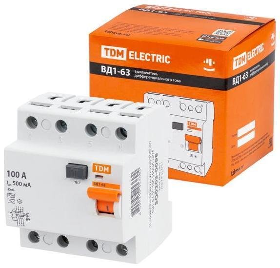 TDM electric SQ0203-0097 Выключатель дифференциальный (УЗО) ВД1-63 4Р 100А 500мА (тип АС, электромеханическое)