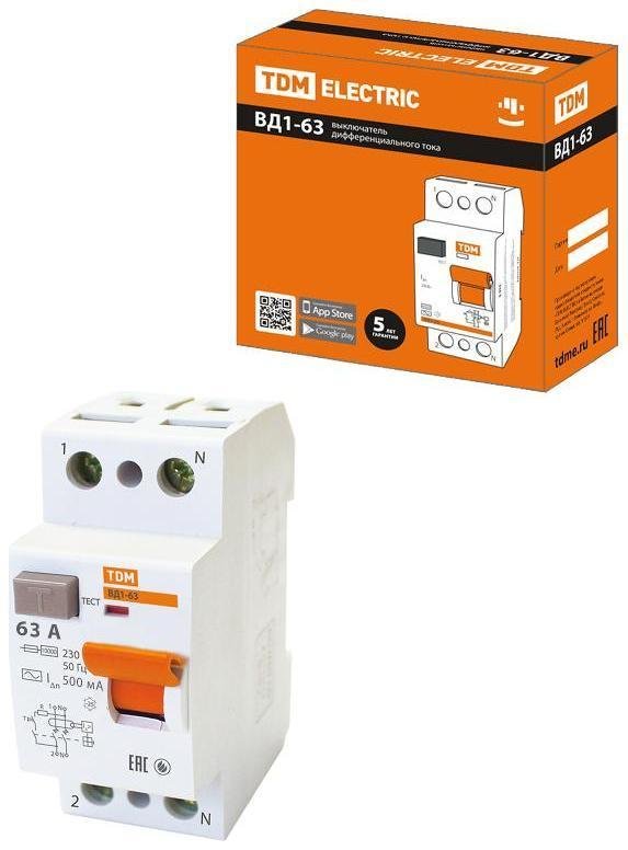 TDM electric SQ0203-0095 Выключатель дифференциальный (УЗО) ВД1-63 2Р 63А 500мА (тип АС, электромеханическое)