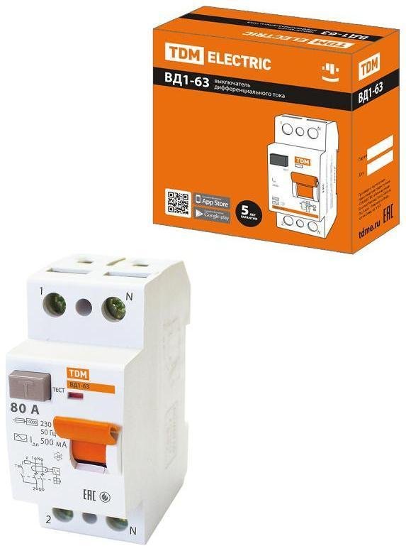 TDM electric SQ0203-0096 Выключатель дифференциальный (УЗО) ВД1-63 2Р 80А 500мА (тип АС, электромеханическое)