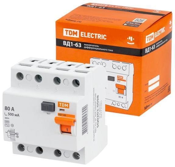 TDM electric SQ0203-0101 Выключатель дифференциальный (УЗО) ВД1-63 4Р 80А 500мА (тип АС, электромеханическое)