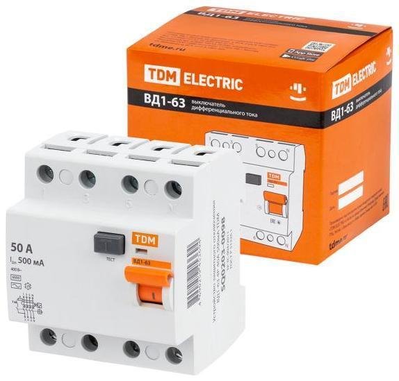 TDM electric SQ0203-0099 Выключатель дифференциальный (УЗО) ВД1-63 4Р 50А 500мА (тип АС, электромеханическое)